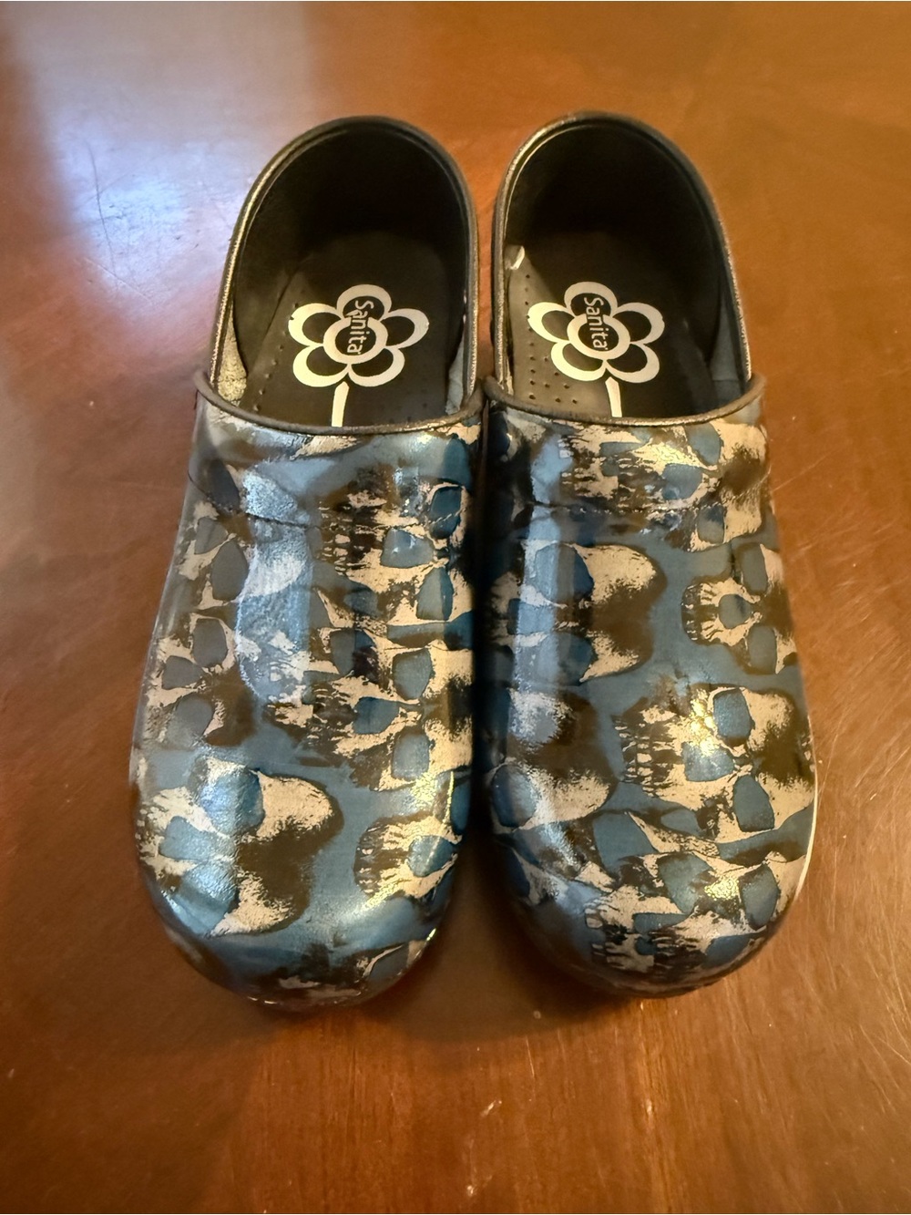 Sanita Metallic Blue and Silver Patterned Clogs